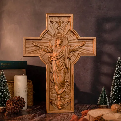 Miniatura 5 de BGCOPPER Cruz de pared de Jesús, crucifijo de madera hecha a mano para decoración de pared para el hogar, habitación navideña, regalo de Navidad