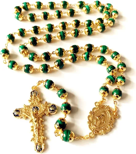 elegantmedical Hecho a mano, chapado en oro de 18 quilates, sin duda, rosario de malaquita, collar de cuentas de oración, regalo católico y caja,