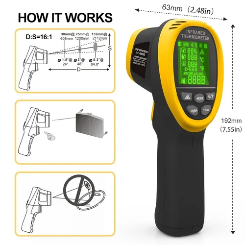 Miniatura 3 de Termómetro digital infrarrojo de -58 ℉ a 1472 ℉, pistola termómetro industrial INFURIDER 985E temperatura ambiente, humedad y punto de rocío