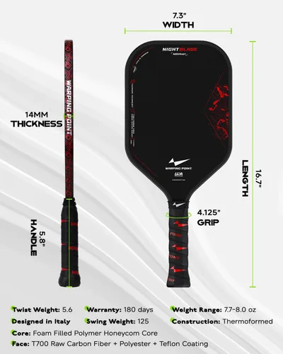 Miniatura 5 de Nightblade Raw Carbon Fiber Pickleball Paddle, Foam Filled Polymer Honeycomb Core, UPA-A & USAPA Approved, Endura Friction Surface, Long Handle for