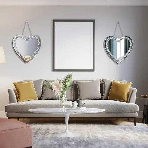 Miniatura 4 de DMDFIRST Juego de 2 espejos de vidrio plateado en forma de corazón 12x12 pulgadas con decoración de diamantes estrellados en cadena para decoración