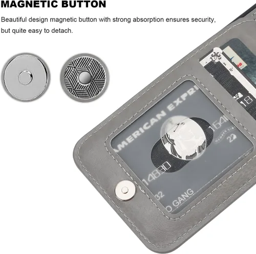 Miniatura 7 de KIHUWEY Funda compatible con iPhone 14 con soporte para tarjeta de crédito, cierre magnético de cuero de alta calidad, función atril, funda Gris