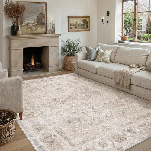 Miniatura 100 de PureCozy - Alfombra de área beige de 8 x 10, lavable, vintage, alfombra para sala de estar, dormitorio, gran alfombra suave retro de pelo bajo