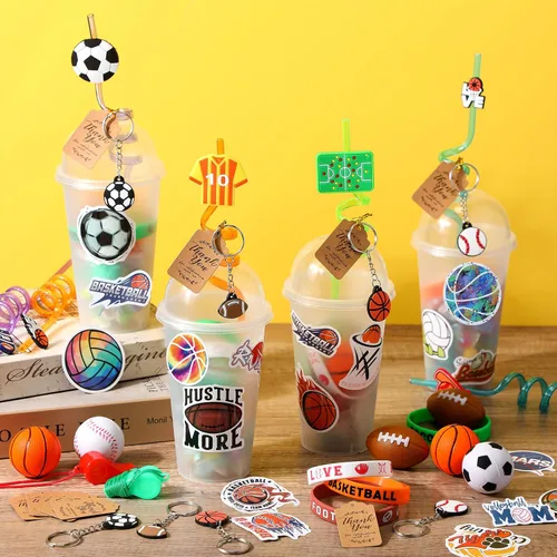Miniatura 2 de Weysat 184 piezas de artículos para fiestas deportivas, rellenos para bolsas de regalos, taza, pajita, pelota antiestrés, llavero, calcomanía