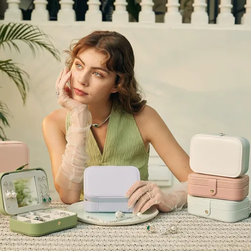 Miniatura 9 de Vlando Joyero pequeño, organizador de joyas de viaje para aretes, collar, anillo, organizador de joyas de viaje portátil de doble capa para mujeres
