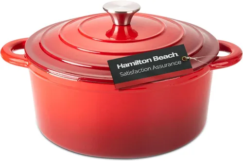 Horno holandés de hierro fundido esmaltado Hamilton Beach de 5.5 cuartos de galón rojo, olla de horno holandés con tapa esmaltada en crema Rojo 2