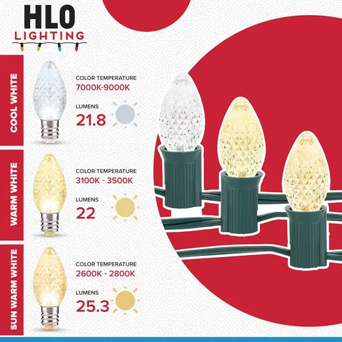 Miniatura 2 de HLO Lighting Juego de 25 bombillas LED de Navidad C9 de color blanco cálido para uso en interiores y exteriores Bombilla de repuesto duradera