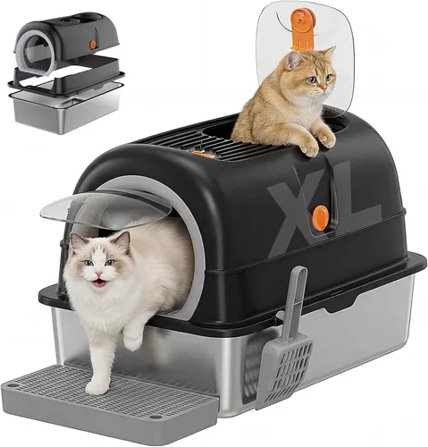 Miniatura 12 de OLIXIS Caja de arena para gatos con tapa, caja grande plegable para gatos con cuchara de arena, caja de arena para gatos con salida superior