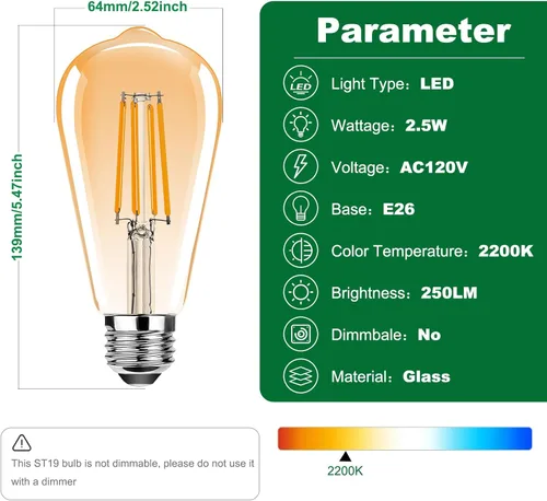 Miniatura 2 de ST19 Bombillas LED Edison vintage, bombilla LED E26 equivalente a 25 W, bombillas de filamento LED vintage, 2.5 W blanco cálido 2200 K, 250 lúmenes