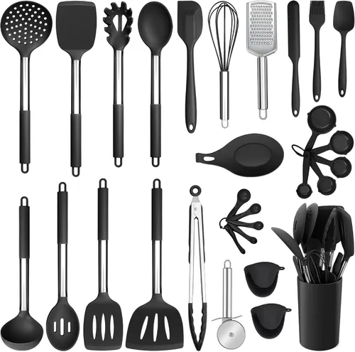 E-far - Juego de utensilios de cocina de silicona, juego de 30 utensilios de cocina con soporte, espátulas de cocina resistentes al calor, cucharón