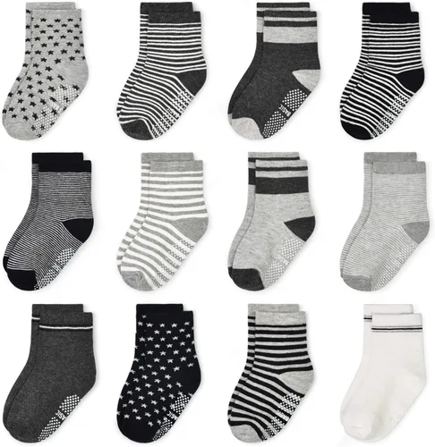 Tphon Calcetines antideslizantes para niños pequeños con agarre, 12 pares de calcetines antideslizantes para niños y niñas de 1 a 7 años