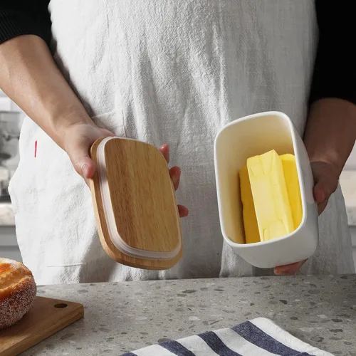 Miniatura 2 de GDCZ Mantequera de cerámica con tapa de madera, soporte grande para mantequilla cubierto para encimera, recipiente para mantequilla perfecto
