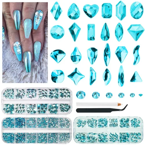 Miniatura 6 de qiipii 24 estilos de diamantes de imitación de aguamarina para uñas, piedras azul lago, diamantes K9 de vidrio, cristales planos azul agua, gemas