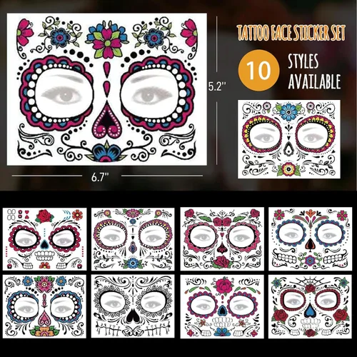 Miniatura 6 de Tatuajes faciales del Día de los Muertos, paquete de 10 tatuajes faciales temporales de Halloween, tatuaje facial de calavera de azúcar para adultos