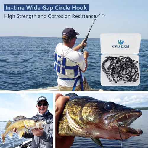 Miniatura 6 de Ganchos circulares para agua salada en línea, ganchos de pesca para bagre, 4 ganchos Mustad fuertes de acero de alto carbono para atún, carpa