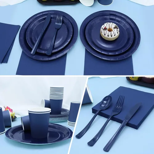 Miniatura 4 de 168 piezas de suministros de fiesta azul marino para decoraciones de fiesta azul marino incluye platos de papel y servilletas, vasos, cubiertos