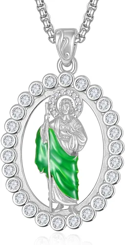 ADMETUS Collar de plata de ley 925 con diseño de santo patrón, collar de amuleto, joyería de cruz para hombre con cadena Rolo de 0.098 in, 22