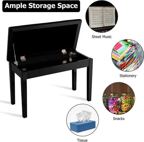 Miniatura 4 de GOFLAME Banco de piano dúo, negro, piel sintética, construcción de madera maciza, almacenamiento de música oculto, capacidad de carga de 360 libras