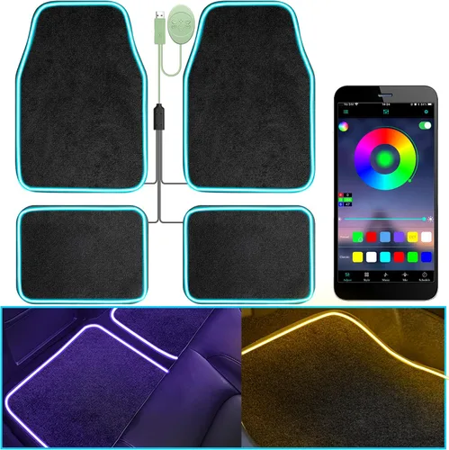 Miniatura 8 de Alfombrillas para el suelo del auto con tira de luz LED, ajuste universal premium, alfombra automotriz negra, alfombrillas para el suelo con luces