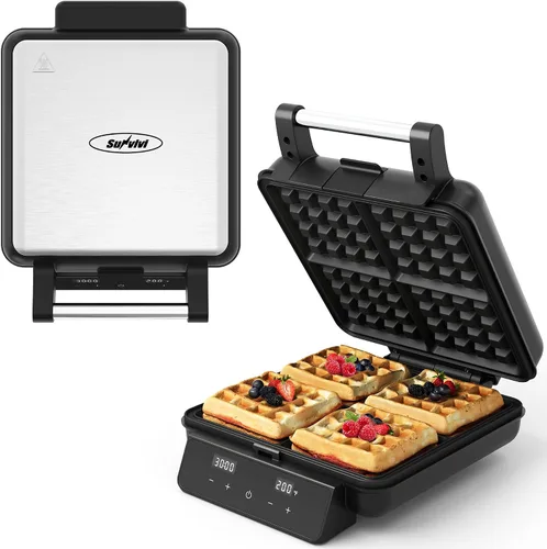 Miniatura 10 de Sunvivi Máquina de gofres de 2 rebanadas: plancha eléctrica para gofres con control de temperatura ajustable, máquina de gofres antiadherente