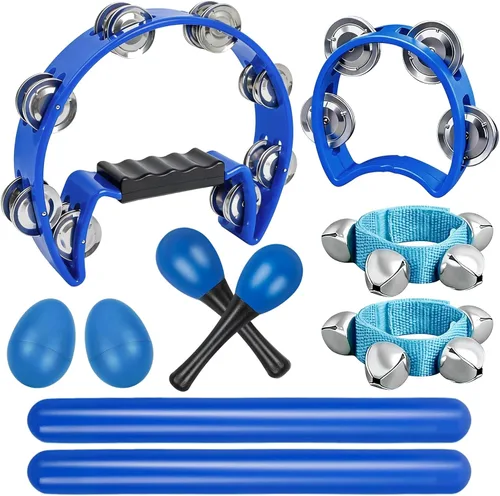 10 panderetas azules para adultos y niños, pandereta de media luna, palos de ritmo de madera, pandereta de campanas, campanas, muñequeras,