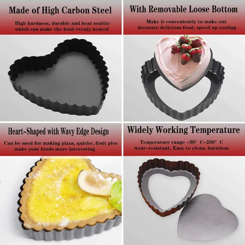 Miniatura 3 de Mini bandeja para tartas, 6 moldes para quiche en forma de corazón de 4 pulgadas, con un molde inferior extraíble, utilizado para postres, hornear