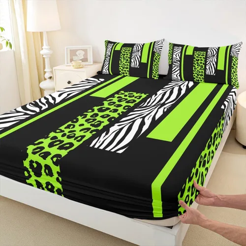Miniatura 25 de Sábana bajera ajustable con estampado de leopardo, tamaño individual, juego de ropa de cama rústica con rayas de piel de cebra, decoración