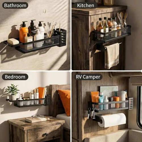Miniatura 6 de PUSDON Paquete de 2 Cestas Colgantes de Pared de Metal para Montaje DIY Adecuadas para Múltiples Escenarios - Malla Negra Media