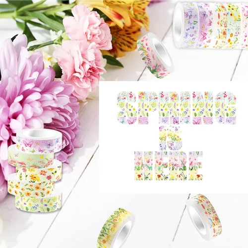 Miniatura 7 de Adirasenotek Juego de 12 rollos de cinta washi floral, diseño de flores de mariposa, calcomanías decorativas de papel decorativo, manualidades