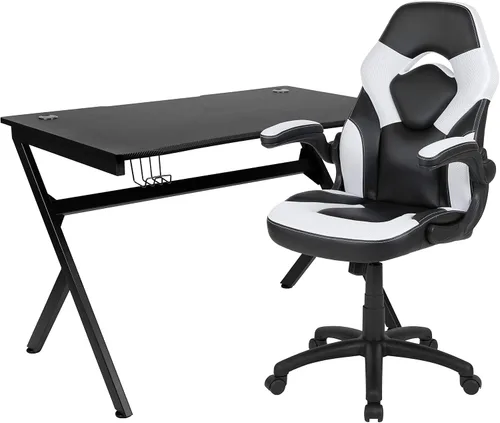 Miniatura 36 de Flash Furniture Juego de escritorio para juegos negro y silla de carreras blanco/negro con soporte para tazas, gancho para auriculares y soporte