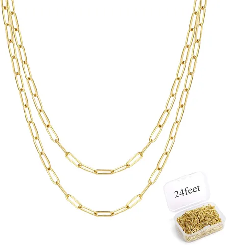ALEXCRAFT Cadena de clip de latón chapado en oro de 14 quilates de 24 pies a granel para fabricación de joyas (0.118 x 0.354 in), Latón 24 pies