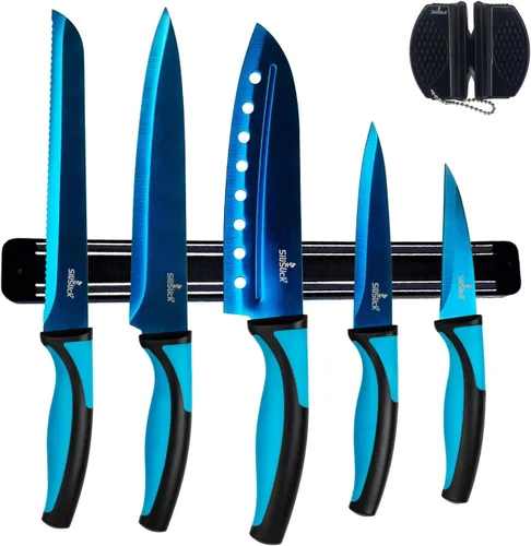 SiliSlick Juego de cuchillos de cocina, cuchillas recubiertas de titanio arcoíris, 5 cuchillos aptos para lavavajillas con afilador y estante de All
