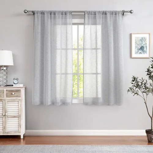 Central Park Paneles de cortina traslúcidas color gris para ventana, con textura de lino, juego de cortinas con bolsillo para barra, para sala de