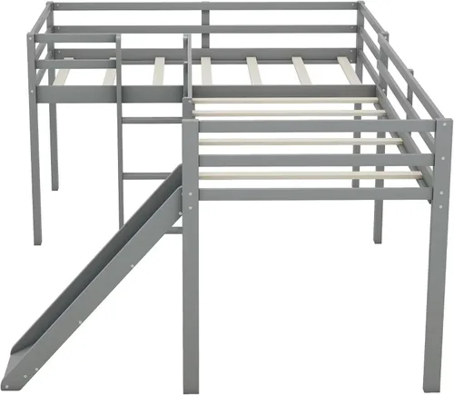 Miniatura 8 de Merax Cama doble tipo loft de tamaño individual con tobogán y escalera, marco de cama de madera en forma de L con barandilla de longitud completa