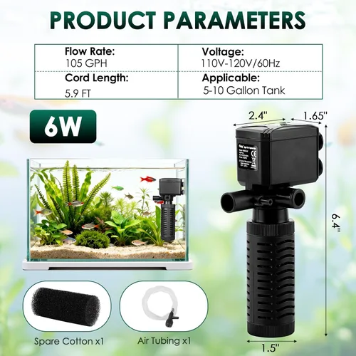 Miniatura 5 de hygger Filtro sumergible para acuario pequeño de 5 a 10 galones, filtración en tanque con aireación para agua salada y agua dulce, filtros internos