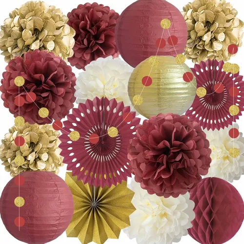 ANSOMO Decoraciones de fiesta color borgoña y dorado, color granate y rojo oscuro, abanicos de papel, faroles, pompones de tela, suministros de