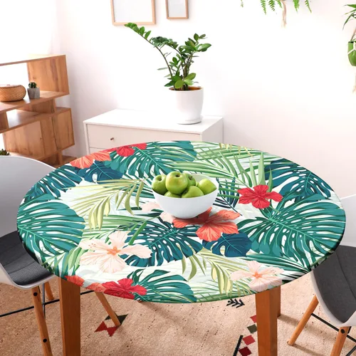 Miniatura 2 de Round Tablecloth Palm Flowers Fitted Tablecloth with Elastic Round Outdoor Tablecloths for Tables Waterproof Reusable Table Cover for Indoor and