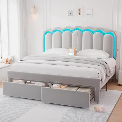 Miniatura 14 de Base de cama LED tapizada tamaño matrimonial con 2 cajones de almacenamiento y cabecera doble ondulada ajustable, cama de plataforma de terciopelo