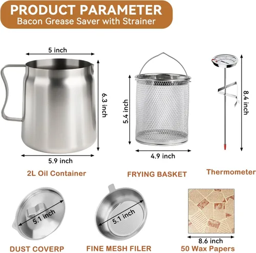 Miniatura 5 de Recipiente de Filtro de Aceite de 2L para Guardar Grasa de Tocino con Colador, Recipiente de Grasa de Tocino de Acero para Verter de 68oz de Gran