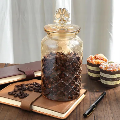 Miniatura 3 de Joeyan Tarro de almacenamiento de vidrio ámbar de 45 onzas con tapas de vidrio herméticas, recipiente de alimentos en relieve vintage, organizador
