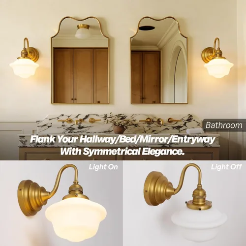 Miniatura 7 de Apliques de Pared Vintage de Latón Antiguo Dorado Luz de Tocador de Baño con Vidrio Esmerilado Lámpara de Aplique de Pared de Instalación Fija