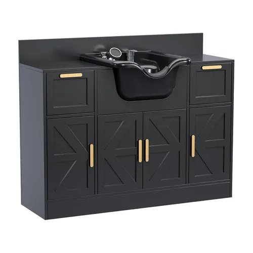 Miniatura 12 de OmySalon Cuenco de champú con gabinete, estación húmeda de salón con pulverizador, gabinete de champú, fregadero portátil para lavado de cabello
