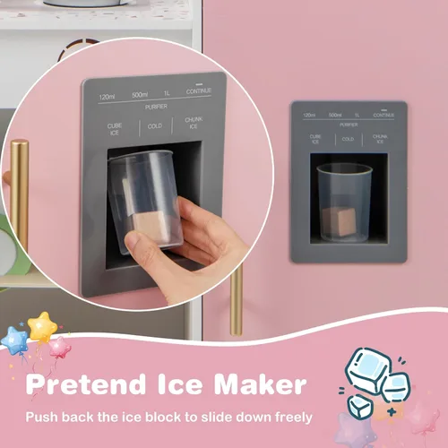 Miniatura 6 de INFANS Juego de cocina para niños, juego de cocina de madera para niños pequeños, juego de juguetes de cocina con cafetera, máquina de hielo, Rosa