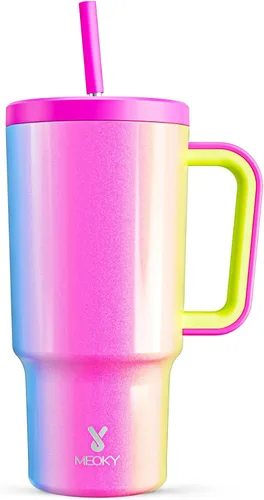 Miniatura 57 de Meoky - Vaso de 30 oz con asa, tapa y pajilla, taza de viaje térmica de acero inoxidable 100% a prueba de fugas, para portavasos, mantiene el frío