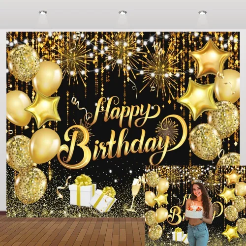 Miniatura 9 de Telón de fondo de feliz aniversario de 10 x 8 pies con purpurina negra y dorada para aniversario, letrero de aniversario para mujeres y hombres