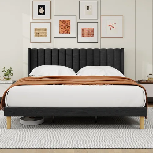 Miniatura 10 de alazyhome - Marco de cama tapizado de plataforma tamaño Queen con cabecera, soporte de listones de madera, sin ruido, fácil montaje, terciopelo beige