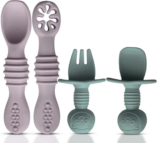 Miniatura 9 de HippoBaby Juego de 4 cucharas de silicona para bebé autoalimentación Utensilios para bebé 6-12 meses - 3 cucharas para bebé - 1 tenedor para bebé