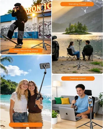 Miniatura 4 de Trípode magnético para selfie stick de 72 pulgadas para iPhone MagSafe, soporte de trípode extensible para teléfono con control remoto Bluetooth