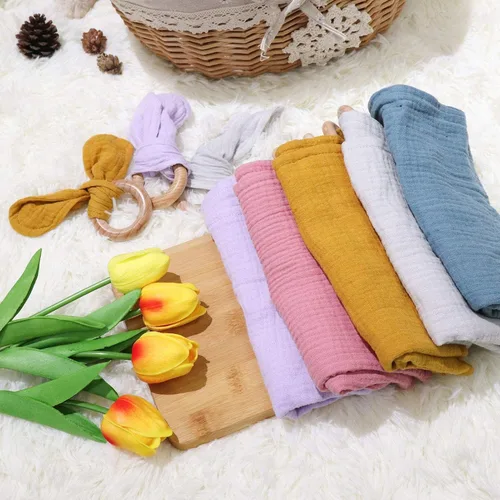 Miniatura 6 de Baby Lovey, sonajero de madera, anillo de mordedor, paquete de 3 unidades, regalo Montessori, azul marino, algodón, gasa doble, baby shower, regalo