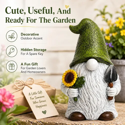 Miniatura 7 de Hide A Key - Gnomo de jardín exterior de 9 pulgadas, estatua ocultadora de llaves para exteriores, soporte oculto para llaves con cierre giratorio